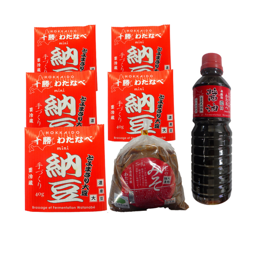 渡部食品 濃口セット  (十勝わたなべミニ納豆 40g×5個・生の味噌(麦入)1㎏・濃口醤油500ml