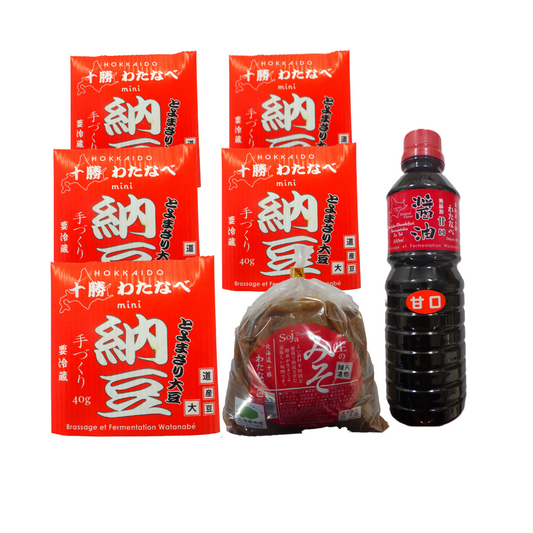 渡部食品 甘口セット  (十勝わたなべミニ納豆 40g×5個・生の味噌(麦入)1㎏・甘口醤油500ml