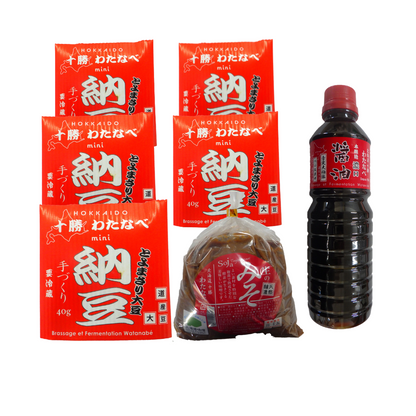 渡部食品 こいくちセット　(わたなべミニ納豆5パック･生の味噌(麦入) １㎏･濃口醤油500ml