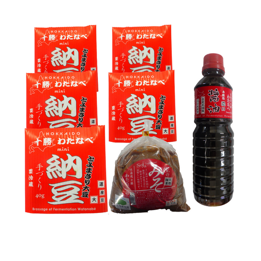 渡部食品 濃口セット　　（十勝わたなべミニ納豆 40g×5個･生の味噌（麦入）1㎏･濃口醤油500ml