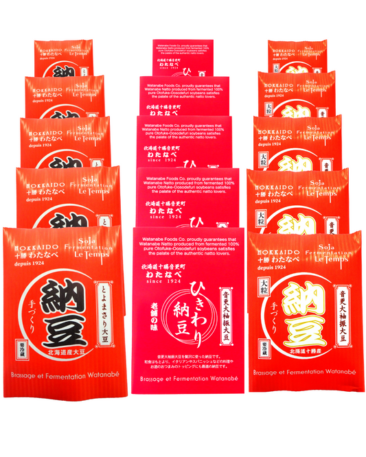 渡部食品 納豆詰合せ15個セット（わたなべ納豆・大粒納豆・ひきわり納豆 各80g×5 ）音更町産「音更大袖振大豆」・北海道産「とよまさり」使用
