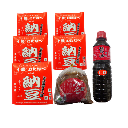 渡部食品 あまくちセット　(わたなべミニ納豆x5パック･生の味噌(麦入) １㎏･甘口醤油500ml)